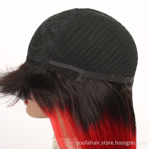 Cheap Price Remy Human Hair Straight 1b Red Ombre Color Bangs Wig Cuticle Aligned Non Lace Full Machine Made Wig for Black Women